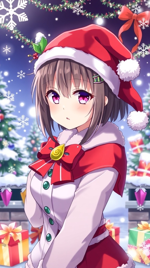 Yae Miko in a Christmas outfit with snowflakes and festive decorations in a winter background.